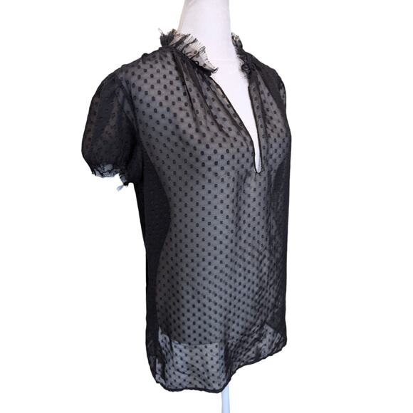 L'AGENCE Sheer Black Swiss Dot Fringed Whimsigoth Puff Sleeve Blouse Large - Picture 2 of 4